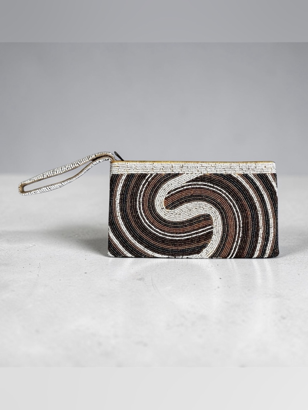 Beaded Swirl Wristlet Clutch - Black, Brown & White Top Zip 9” x 5”